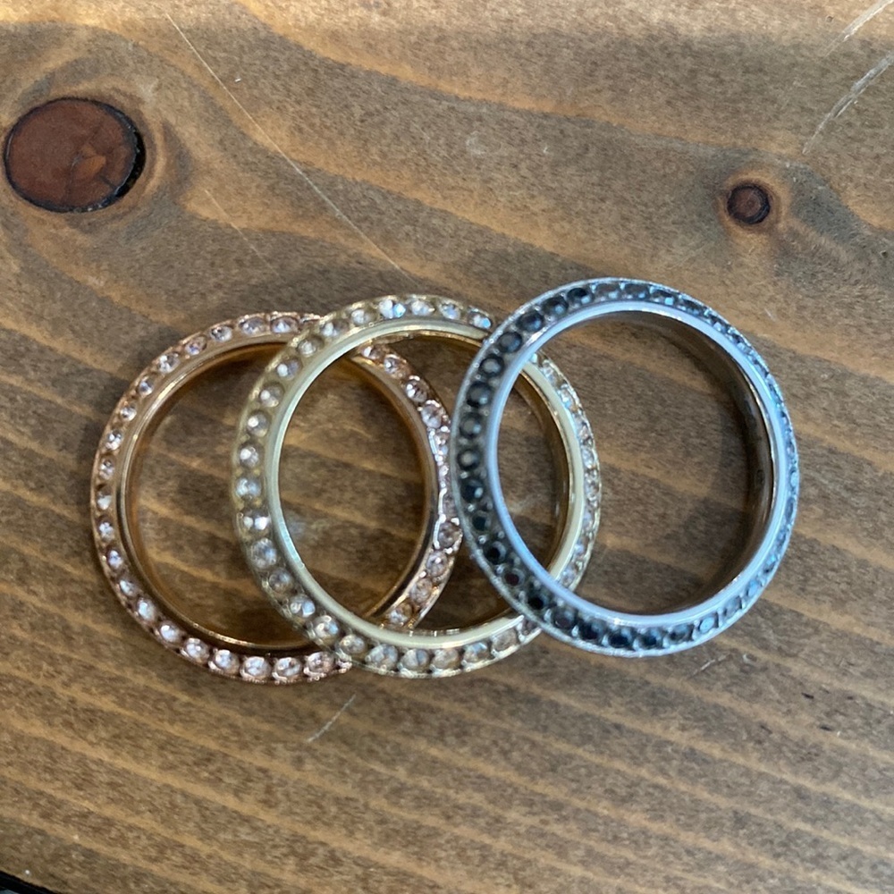 Fossil Set of Three Stainless Steel Diamond Rings Gold, Rose Gold, Black Size 7